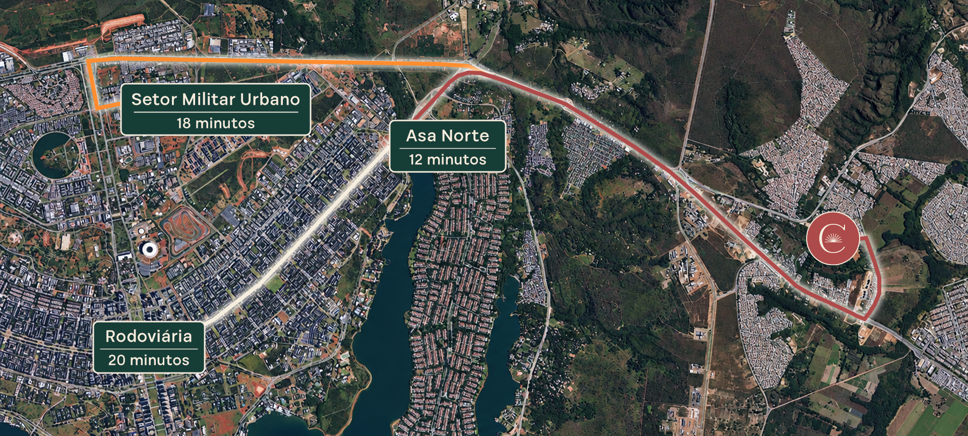 Mapa da localização do Residencial Calliandra e dos trajetos até a Asa Norte, a Rodoviária do Plano Piloto e o Setor Militar Urbano